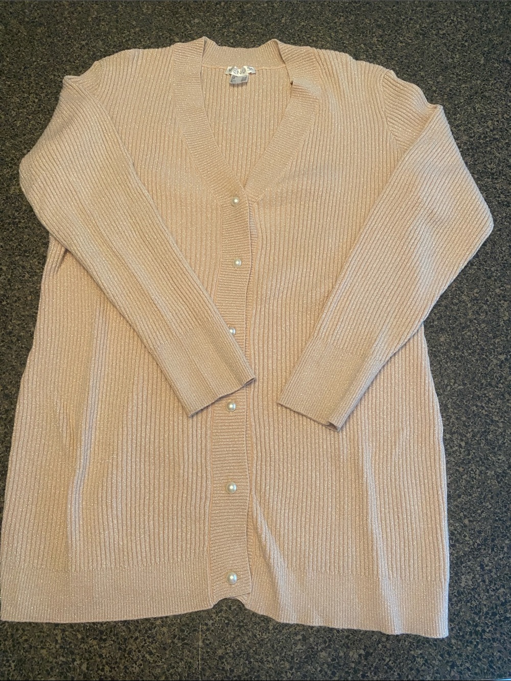 Long Ribbed V-Neck Button Cardigan - Light Pink sparkling